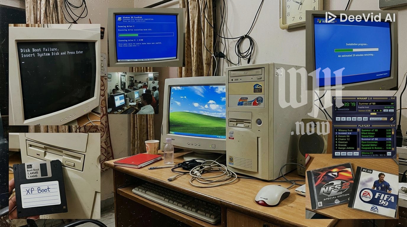 From Boot Disk Not Found error to Windows XP Bliss wallpaper - nostalgic collage of early 2000s India computer life with dusty beige assembled PC, bulky CRT monitor, Windows 98 boot floppy disk and installation blue screen showing 39 minutes remaining, cyber cafe with boys playing FIFA 99 and NFS 2 on one keyboard, Winamp visualization and Yahoo Messenger buzz window on screen