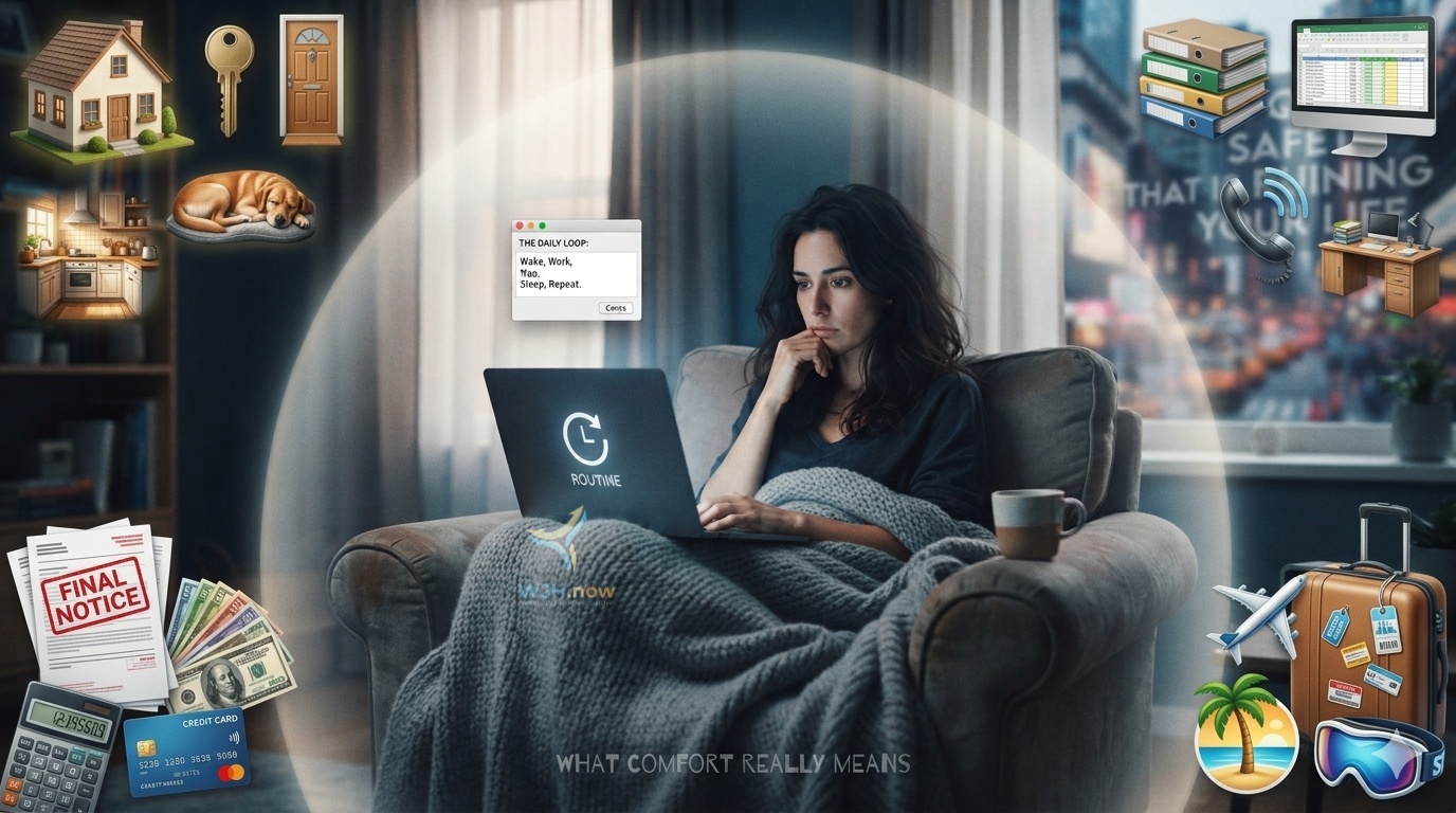 Woman on a couch looking at a laptop popup reading 'The Daily Loop: Wake, Work, Nap, Sleep, Repeat,' symbolizing routine and comfort zone.
