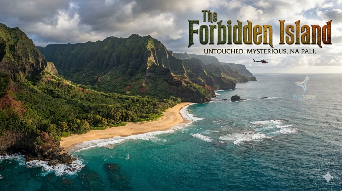 Aerial view of Kauaʻi's lush Nā Pali Coast with a helicopter flying over turquoise water, titled 'The Forbidden Island: Untouched. Mysterious. Na Pali