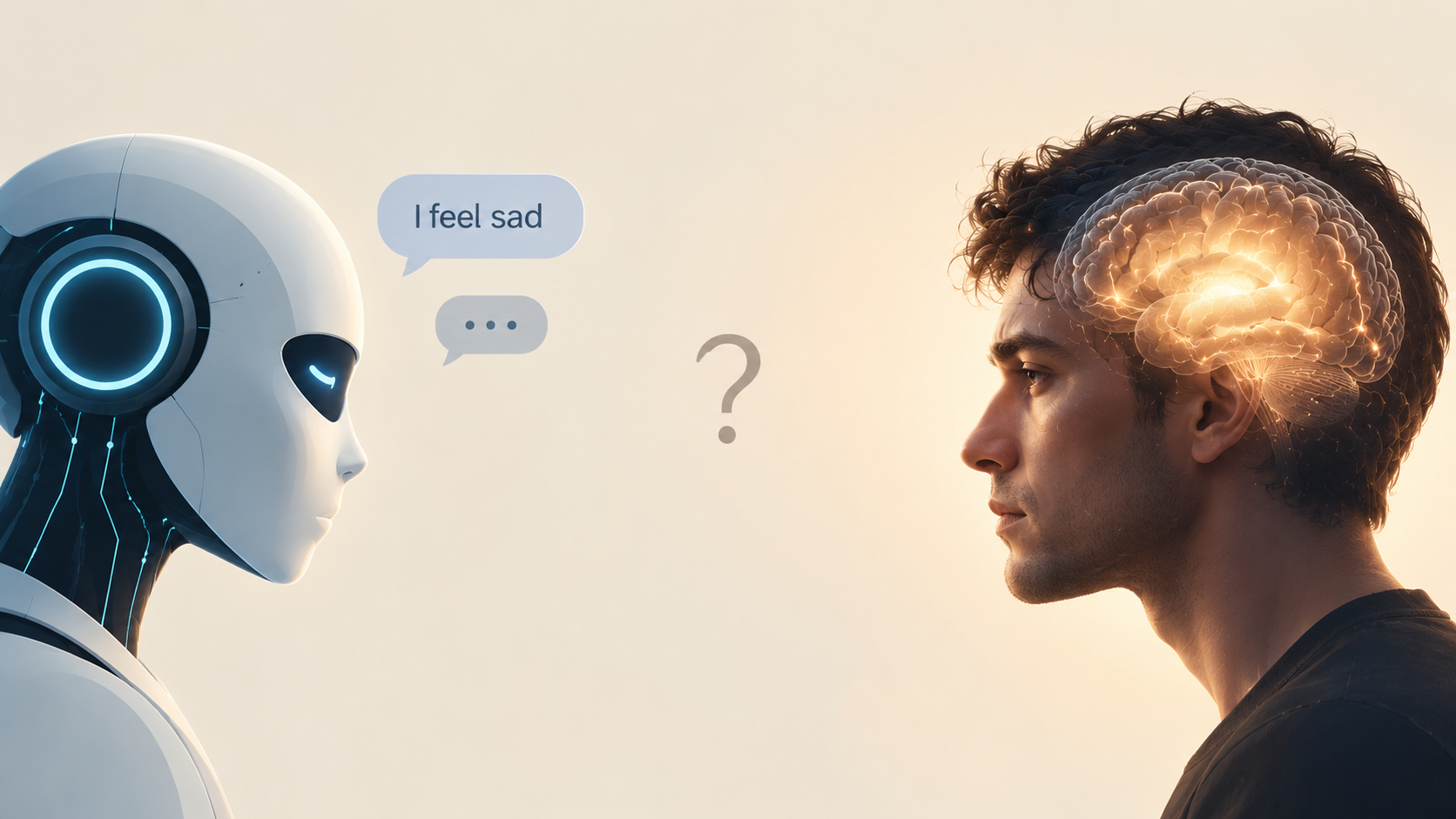 Robot chatbot saying ‘I feel sad’ faces a human with a glowing brain and a question mark between them, illustrating the difference between AI language and real consciousness