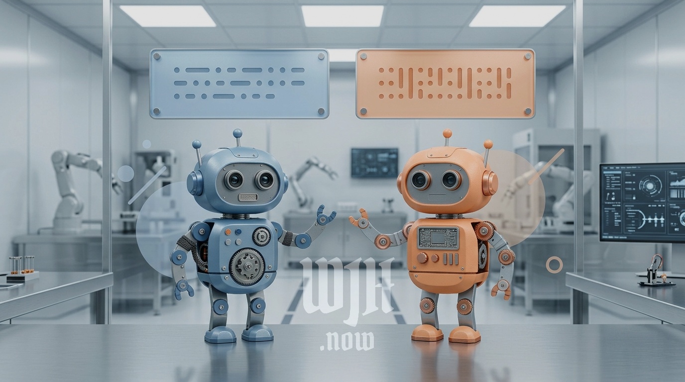 Two cartoon robots exchanging speech bubbles of repeating dots, illustrating the AI language humans couldn't understand