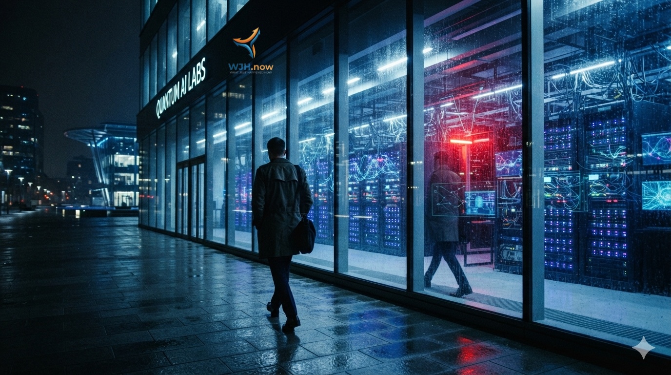Person walking away from a lit-up AI lab at night, rain-soaked street, servers glowing through the glass walls behind them