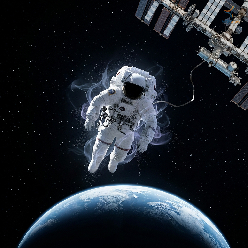 Illustration of an astronaut on a spacewalk near the International Space Station, with faint wisps of vapor around the suit and Earth visible below