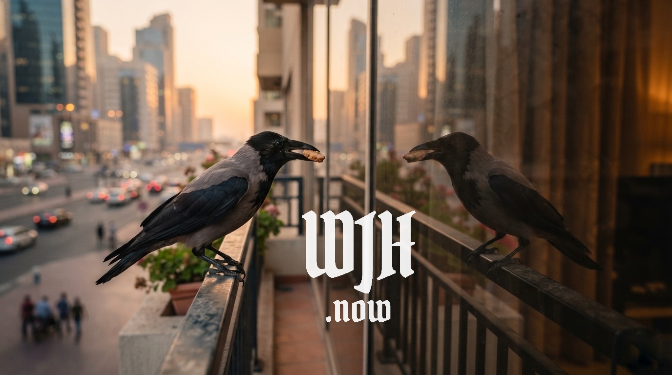 A crow standing on a balcony railing, looking at its own reflection in a glass window, with a Bahrain street and traffic visible in the background.