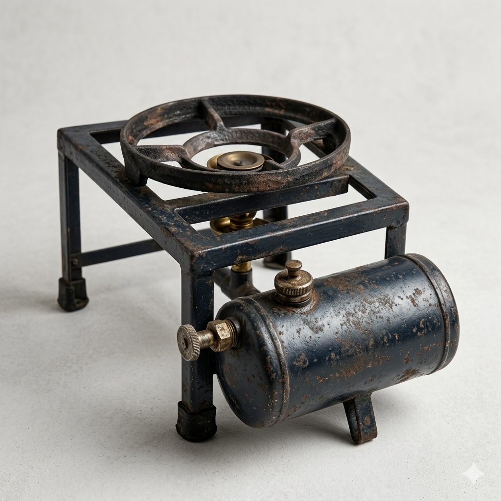 “Close-up of a vintage kerosene pressure stove with a dark metal frame, burner grate, and cylindrical fuel tank, showing rust and age wear.