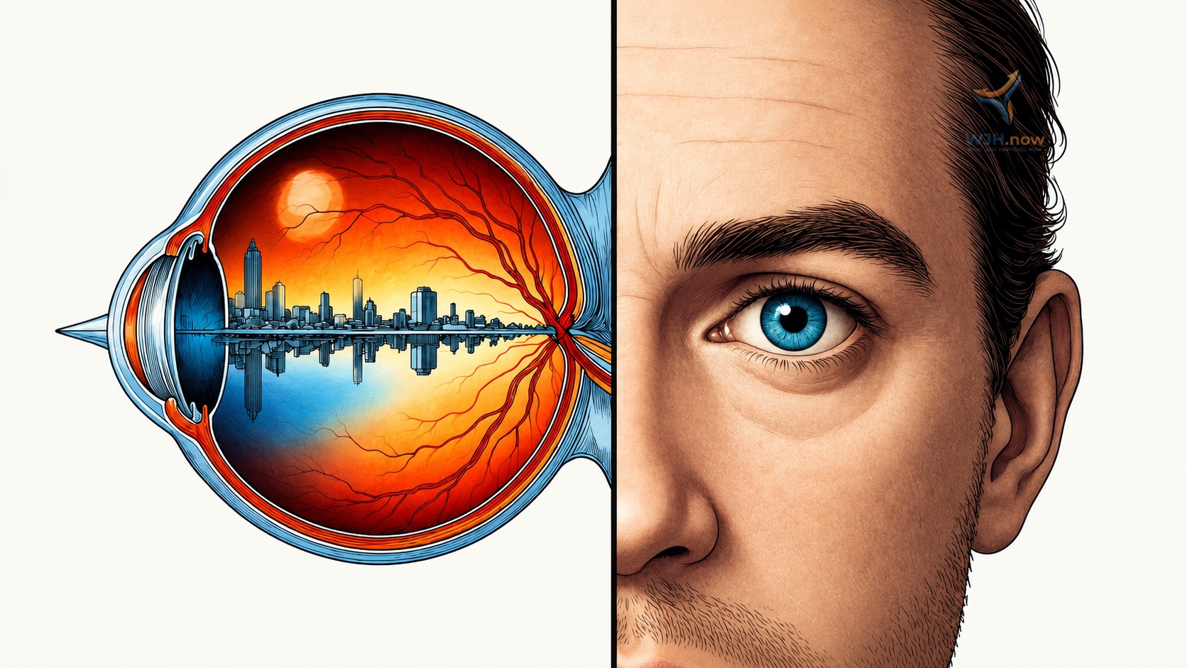 Cross-section of a human eye showing an inverted city skyline on the retina, beside a close-up photo of a human eye