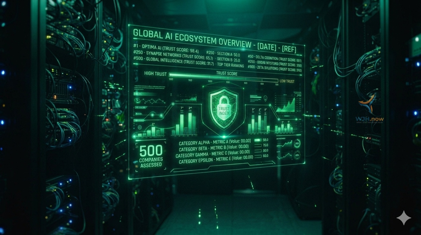 Futuristic green holographic dashboard in a server room showing a generic AI trustworthiness index with trust scores and category metrics