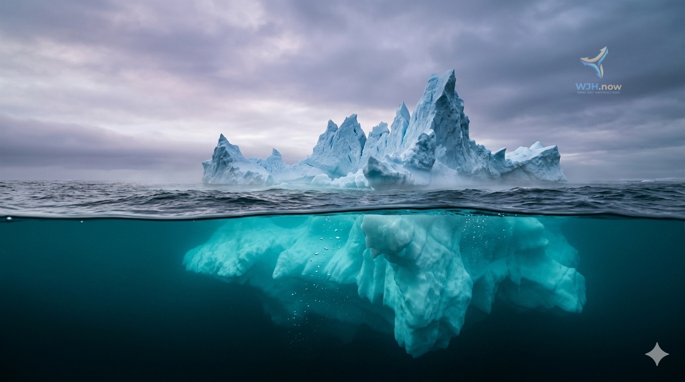 Iceberg split at the waterline, with a small tip above the sea and a much larger glowing mass of ice below.