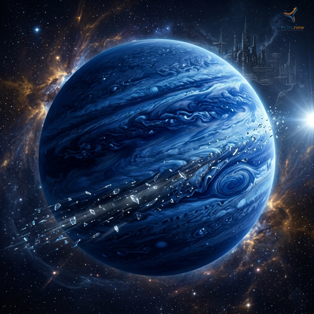 Illustration of the deep blue exoplanet HD 189733b with turbulent cloud bands and streaks of glass shards blown sideways across its surface