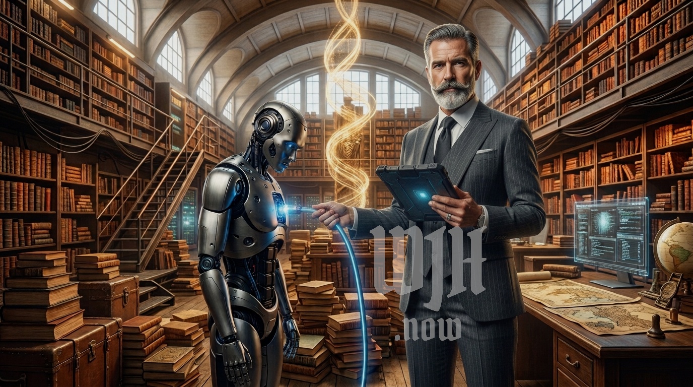 Illustration of a powerful AI robot standing behind a human CEO at a desk, with the human holding the keys to the office