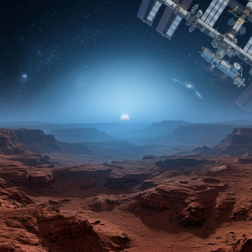 Illustration of a blue sunset over Mars, with rocky red canyon terrain in the foreground and a space station visible in the starry sky