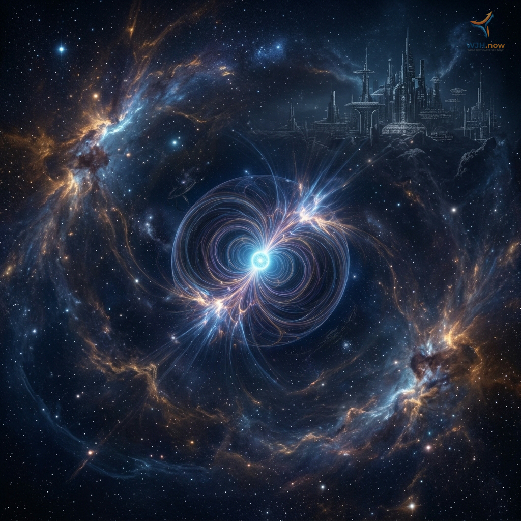 Illustration of a neutron star with glowing magnetic field lines and swirling cosmic dust, with a faint city skyline in the background suggesting its immense density