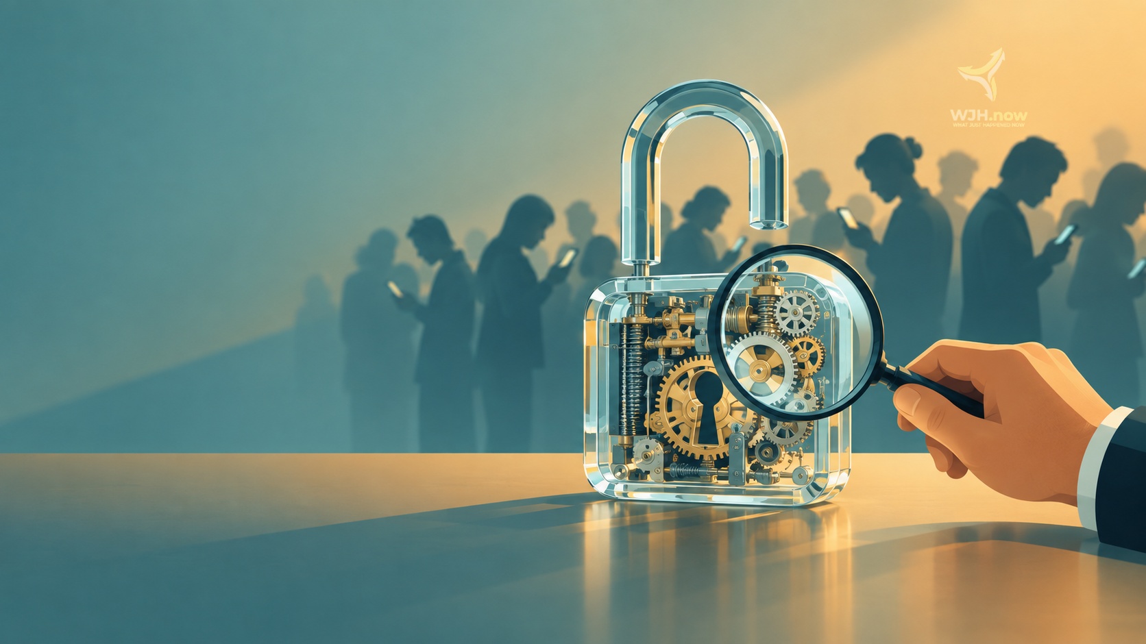 Open glass padlock with a visible inner mechanism and a magnifying glass, while people in the background ignore it