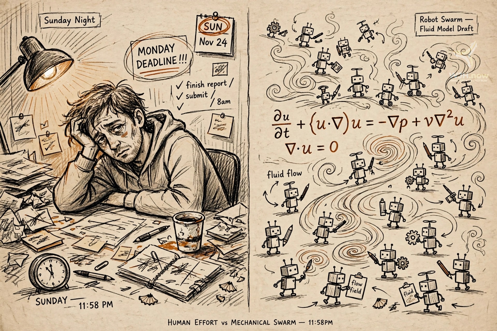 Hand-drawn sketch split: left human tired at Sunday night desk, right small robots solving fluid flow equations in warm ink style
