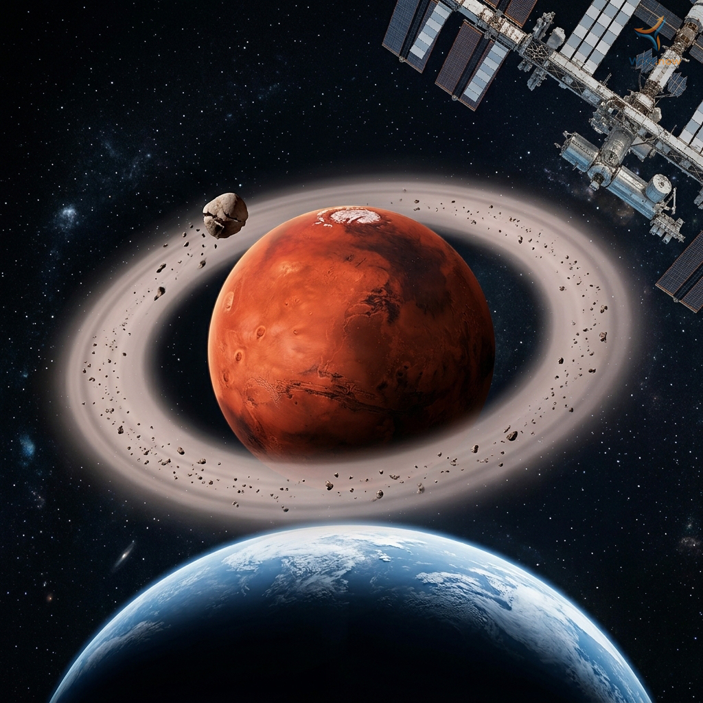 Illustration of Mars with a future ring system made of rocky debris, with a fractured moon fragment nearby and Earth visible in the foreground