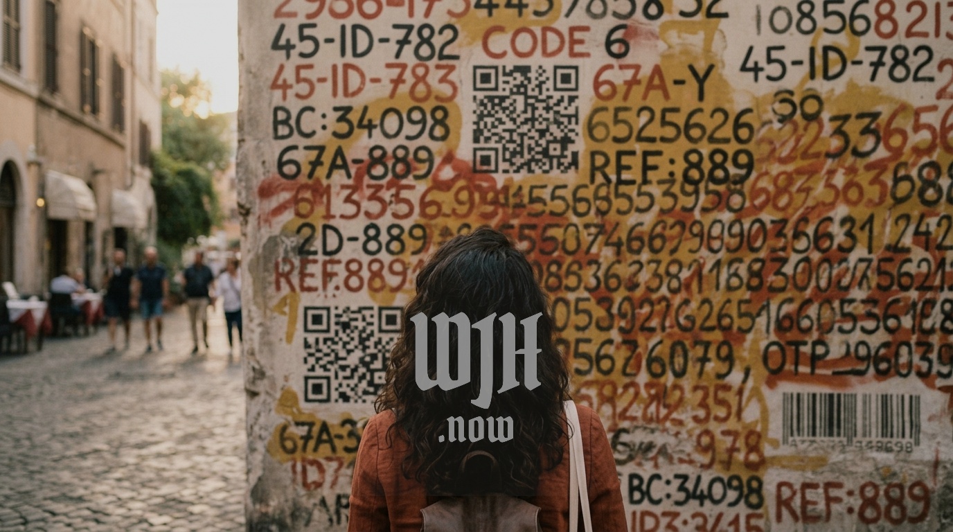 A person looking up at a wall mural of jumbled numbers, including plates, a card, an ID, an OTP and a barcode, showing how hard long numbers are to remember