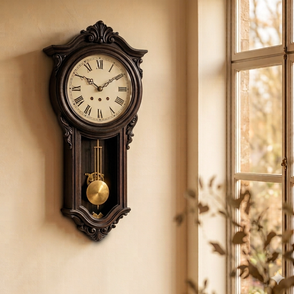 A dark wood pendulum wall clock with Roman numerals and a visible brass pendulum, hanging near a sunlit window.