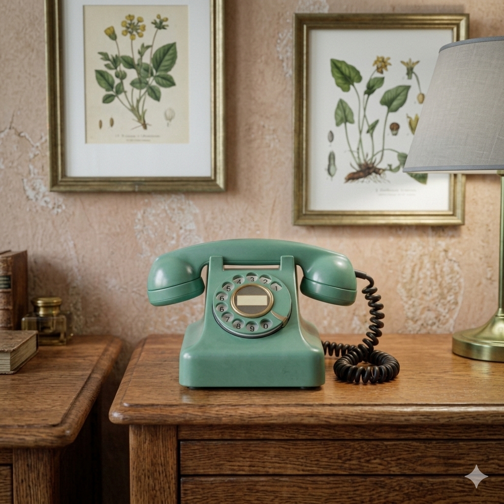 “A vintage sage-green rotary telephone with a coiled cord, sitting on a wooden dresser in front of framed botanical prints.”