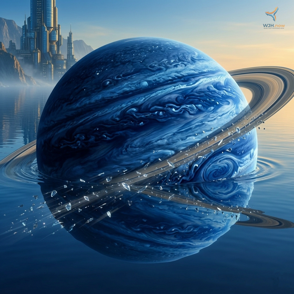 Illustration of Saturn floating and reflecting on a calm body of water, with its rings visible and a futuristic city skyline in the background