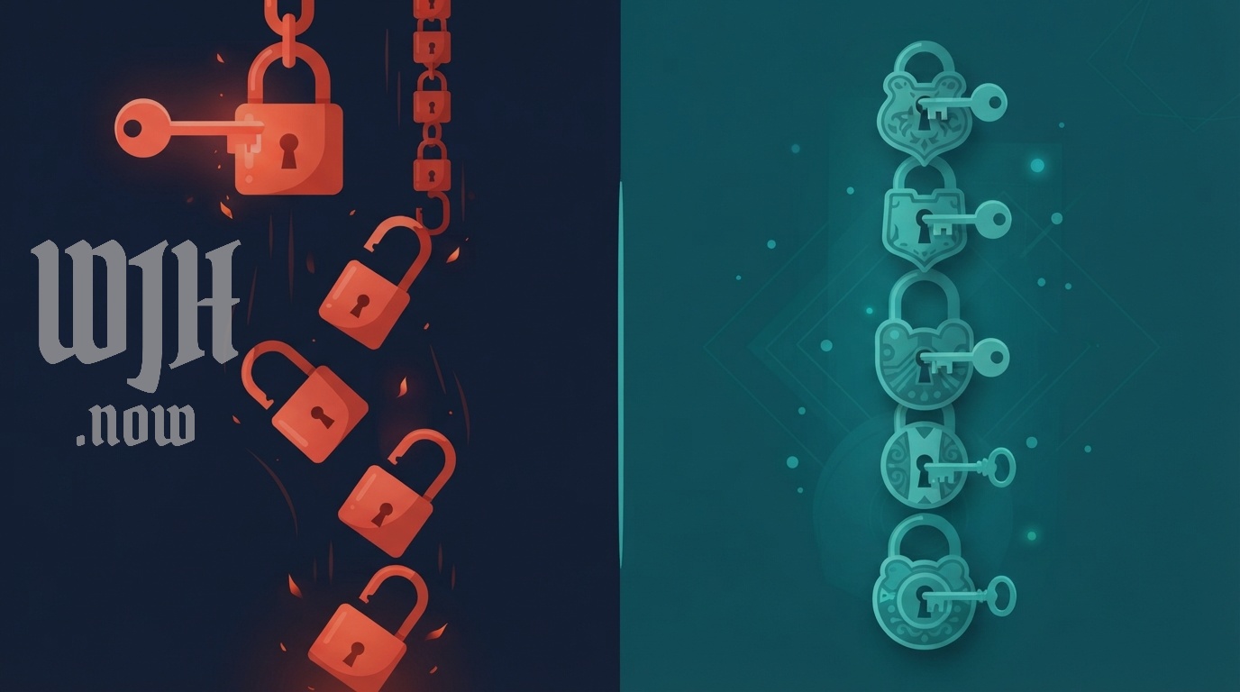 A long brass key opening one padlock while other padlocks stay shut with their own keys