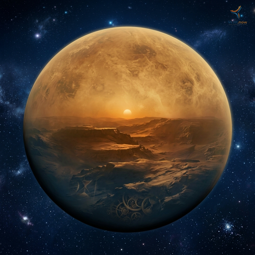Illustration of Venus with a glowing sunset over its rocky surface and clockwork gears symbolizing its day being longer than its year