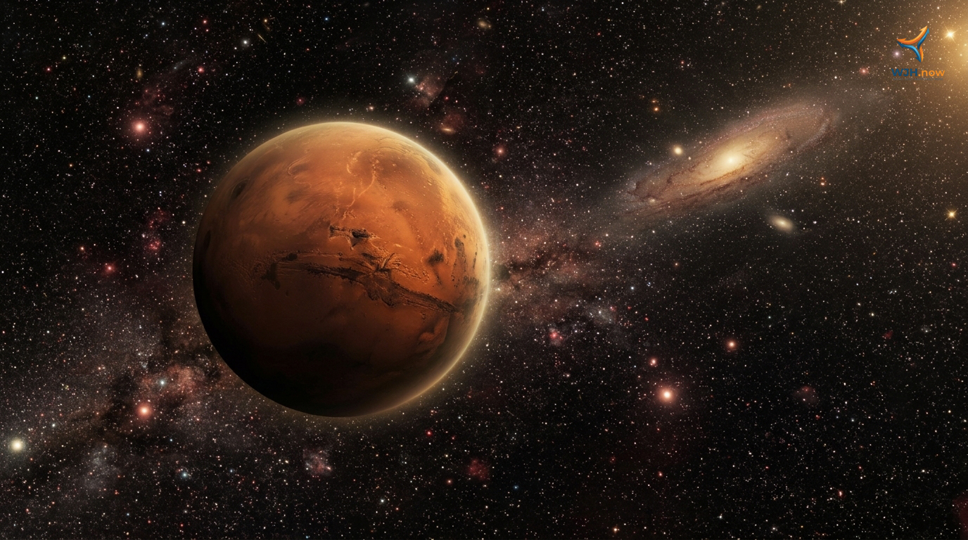 Mars in the foreground with a glowing orange atmosphere, a distant spiral galaxy visible in the star-filled background
